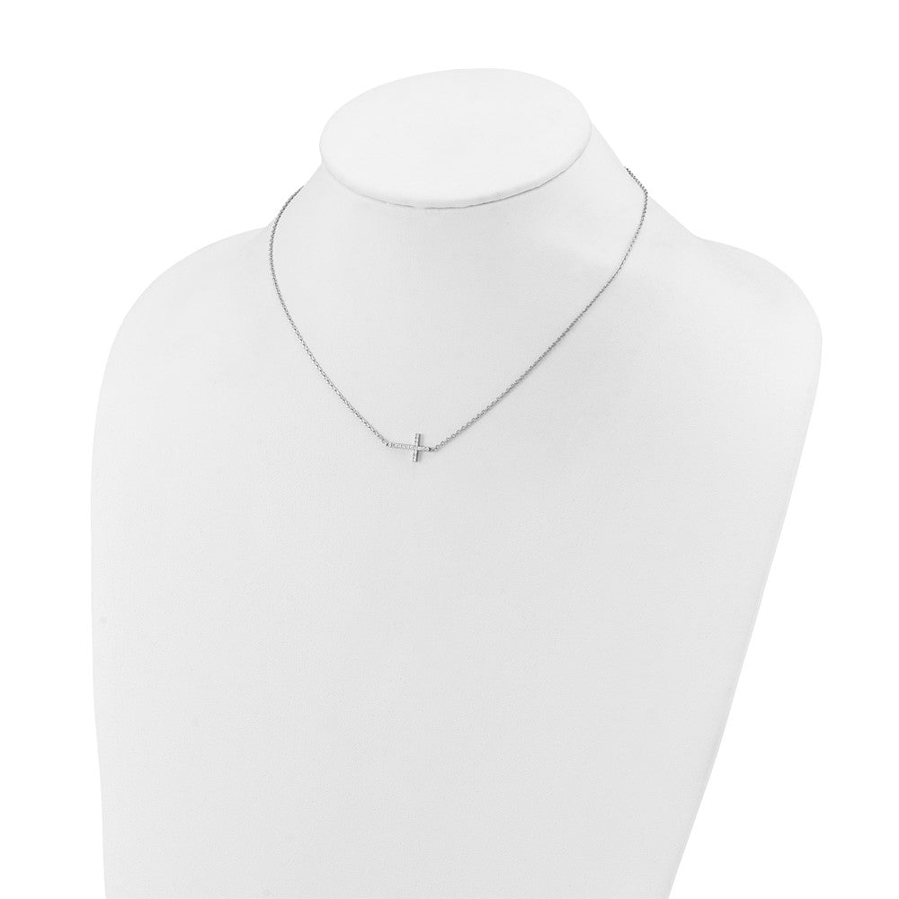 Sterling Silver Rhodium-Plated CZ 16in w/2in Ext. Sideway Cross Necklace