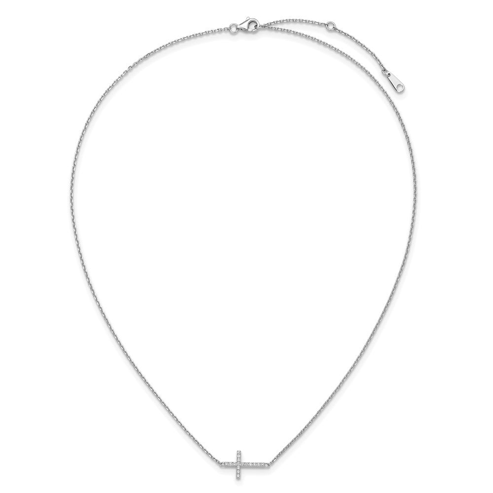 Sterling Silver Rhodium-Plated CZ 16in w/2in Ext. Sideway Cross Necklace