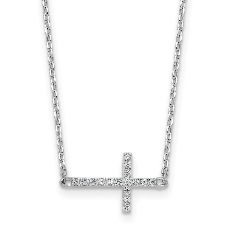Sterling Silver Rhodium-Plated CZ 16in w/2in Ext. Sideway Cross Necklace