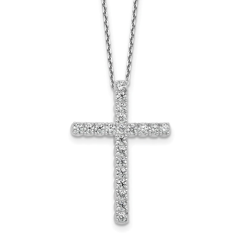 Sterling Silver Rhodium-Plated CZ 16in w/2in Ext. Cross Necklace