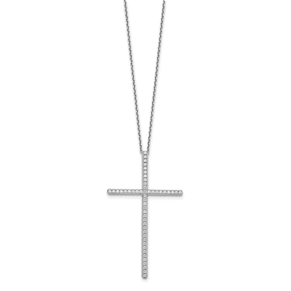 Sterling Silver Rhodium-Plated CZ 16in w/2in Ext. Cross Necklace