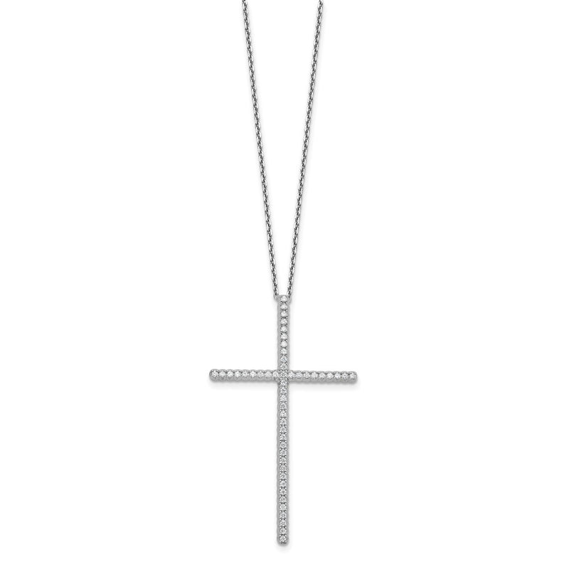 Sterling Silver Rhodium-Plated CZ 16in w/2in Ext. Cross Necklace