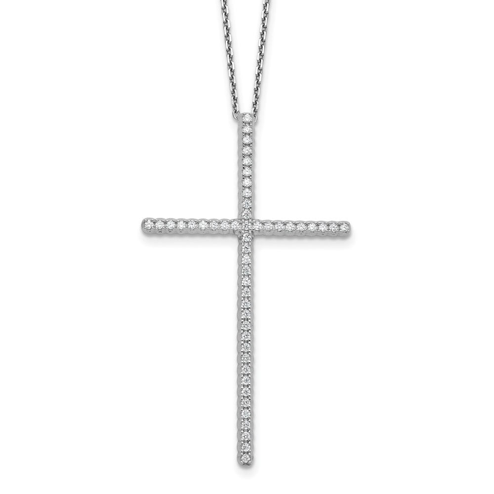 Sterling Silver Rhodium-Plated CZ 16in w/2in Ext. Cross Necklace