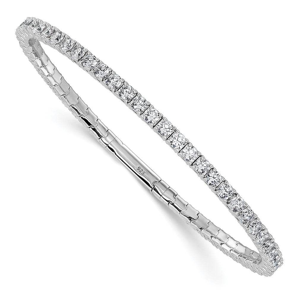 Sterling Silver Rhodium-Plated CZ 7in Flexible Bangle Bracelet
