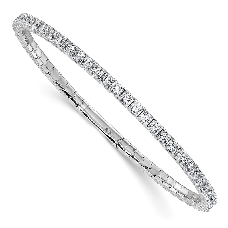 Sterling Silver Rhodium-Plated CZ 7in Flexible Bangle Bracelet