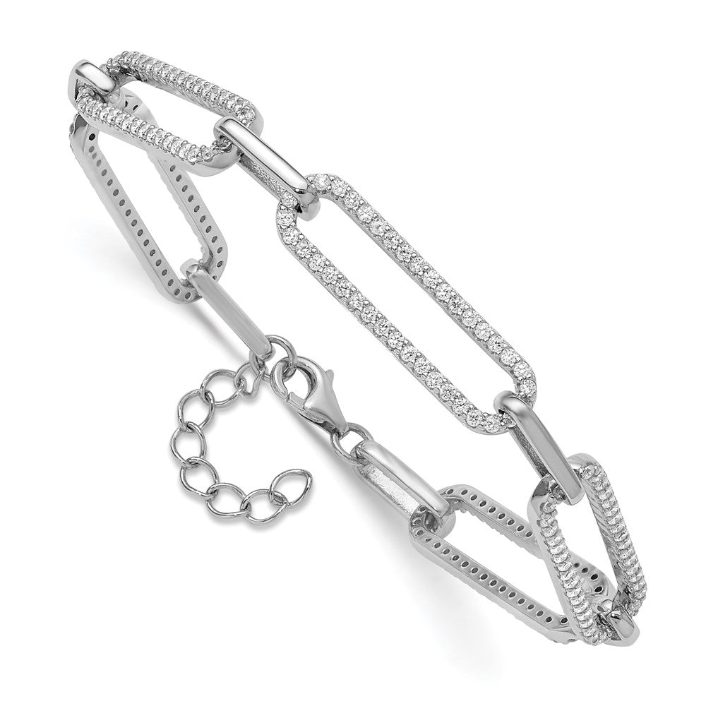 Sterling Silver Rhodium-plated CZ w/ ext Paper Clip Link Chain Bracelet
