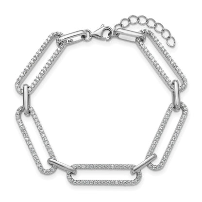 Sterling Silver Rhodium-plated CZ w/ ext Paper Clip Link Chain Bracelet
