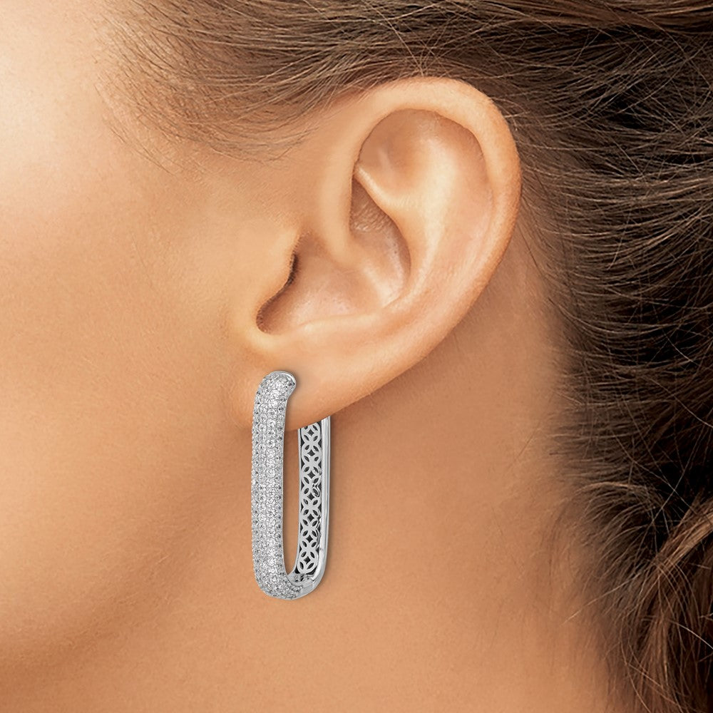 Sterling Silver Rhodium-Plated CZ Rectangle Hinged Hoop Earrings