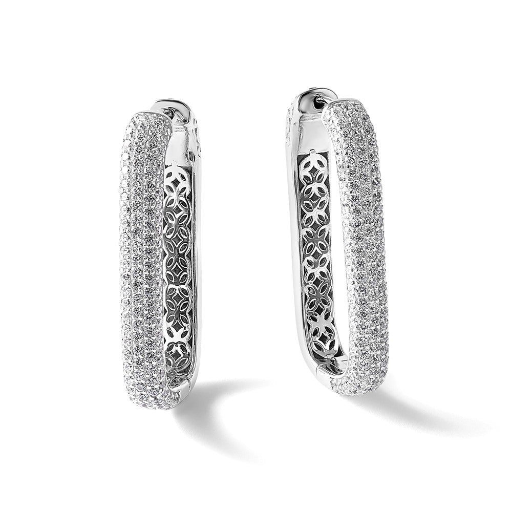 Sterling Silver Rhodium-Plated CZ Rectangle Hinged Hoop Earrings