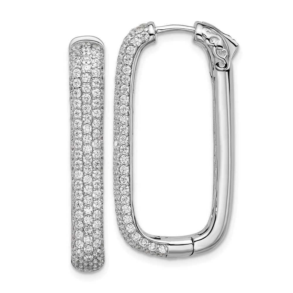Sterling Silver Rhodium-Plated CZ Rectangle Hinged Hoop Earrings