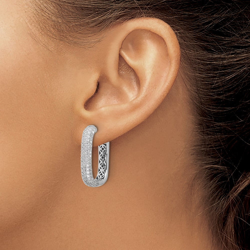 Sterling Silver Rhodium-Plated CZ Rectangle Hinged Hoop Earrings