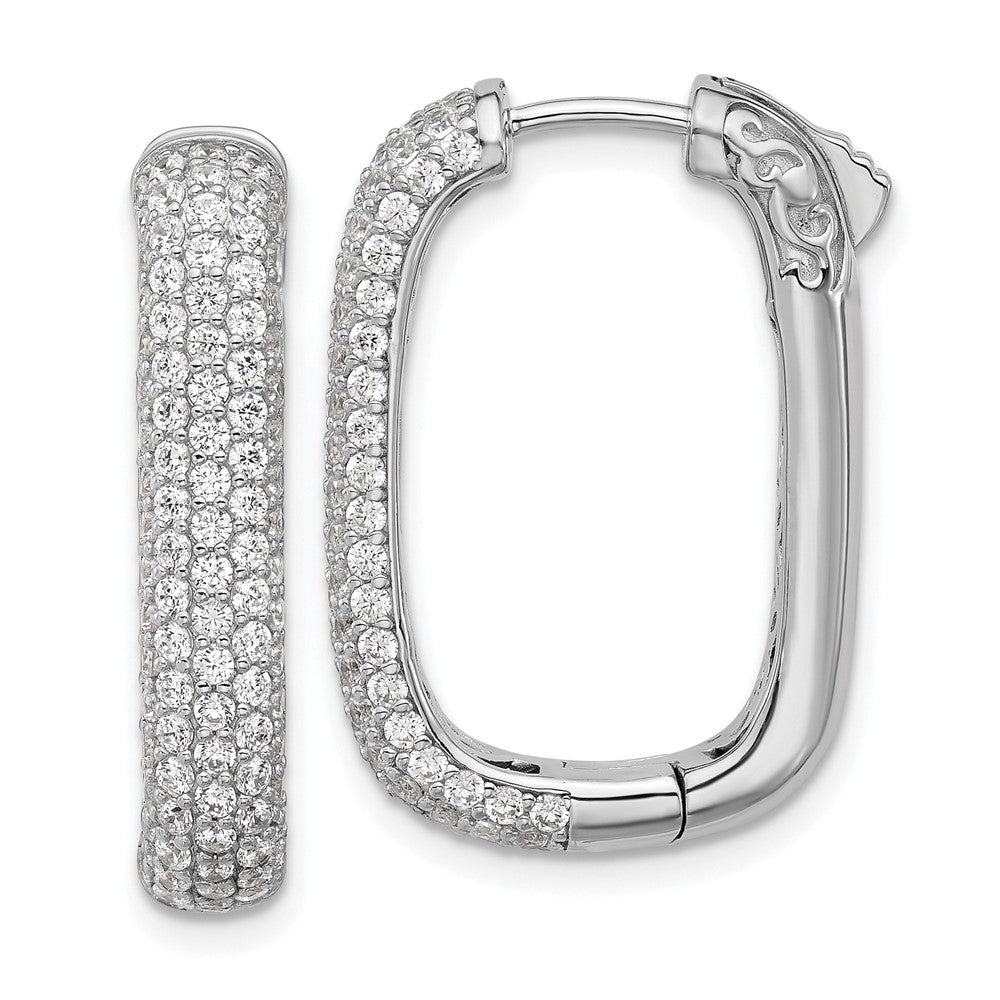 Sterling Silver Rhodium-Plated CZ Rectangle Hinged Hoop Earrings