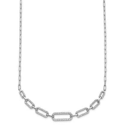 Sterling Silver Rhodium Plated CZ w/ Ext. Paper Clip Link Chain Necklace