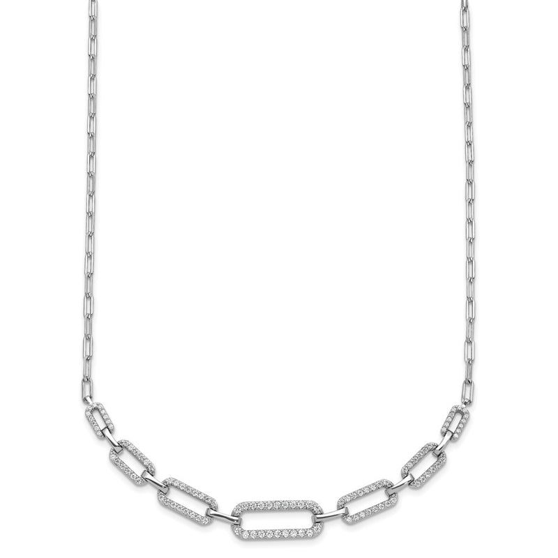 Sterling Silver Rhodium Plated CZ w/ Ext. Paper Clip Link Chain Necklace