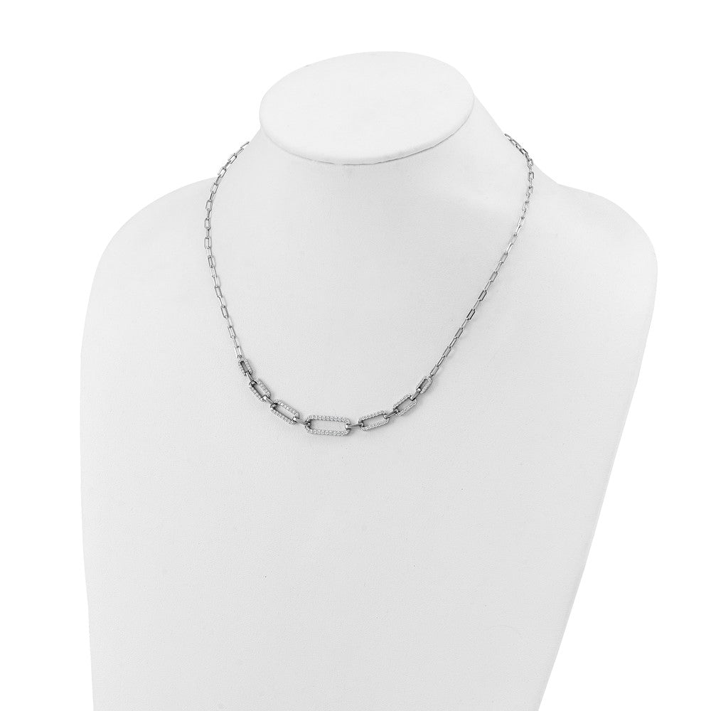 Sterling Silver Rhodium Plated CZ w/ Ext. Paper Clip Link Chain Necklace