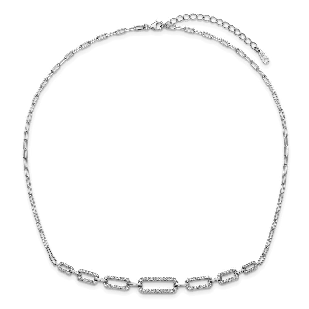 Sterling Silver Rhodium Plated CZ w/ Ext. Paper Clip Link Chain Necklace