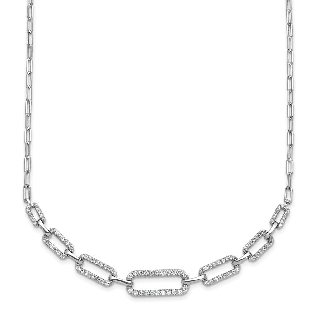 Sterling Silver Rhodium Plated CZ w/ Ext. Paper Clip Link Chain Necklace