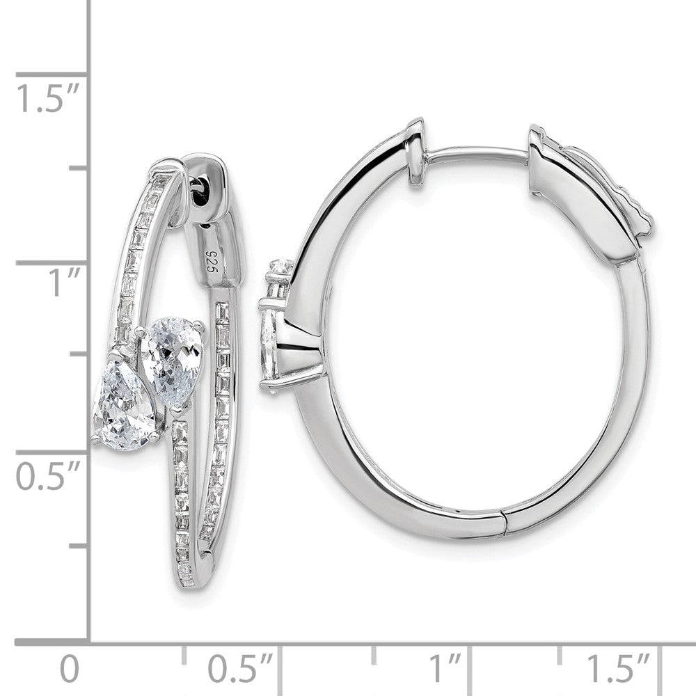 Sterling Silver Rhodium-Plated CZ Oval Hinged Hoop Earrings
