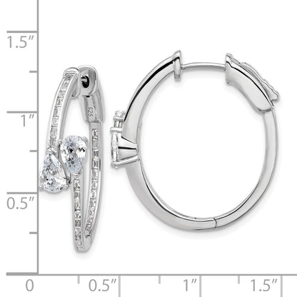Sterling Silver Rhodium-Plated CZ Oval Hinged Hoop Earrings