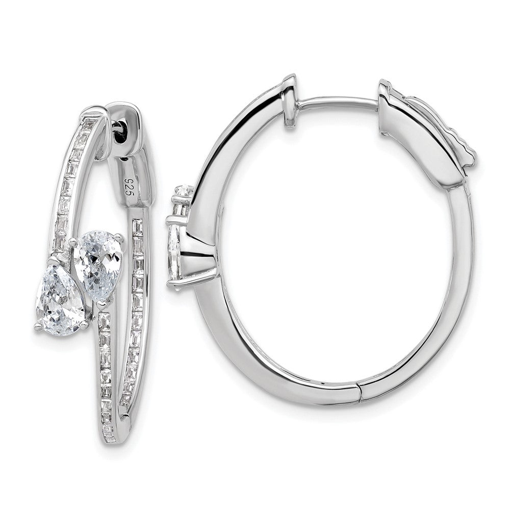 Sterling Silver Rhodium-Plated CZ Oval Hinged Hoop Earrings