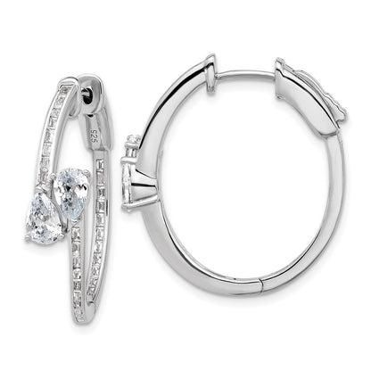 Sterling Silver Rhodium-Plated CZ Oval Hinged Hoop Earrings