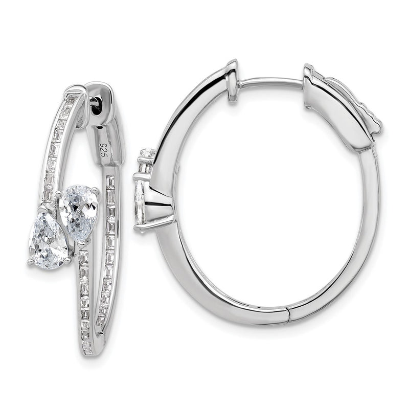Sterling Silver Rhodium-Plated CZ Oval Hinged Hoop Earrings