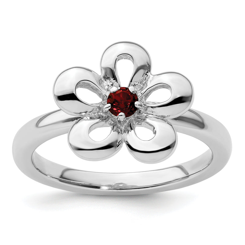 Sterling Silver Stackable Expressions Polished Garnet Flower Ring