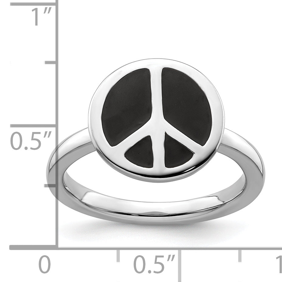Sterling Silver Ss Stackable Expressions Polished Black Enameled Peace Sign Ring