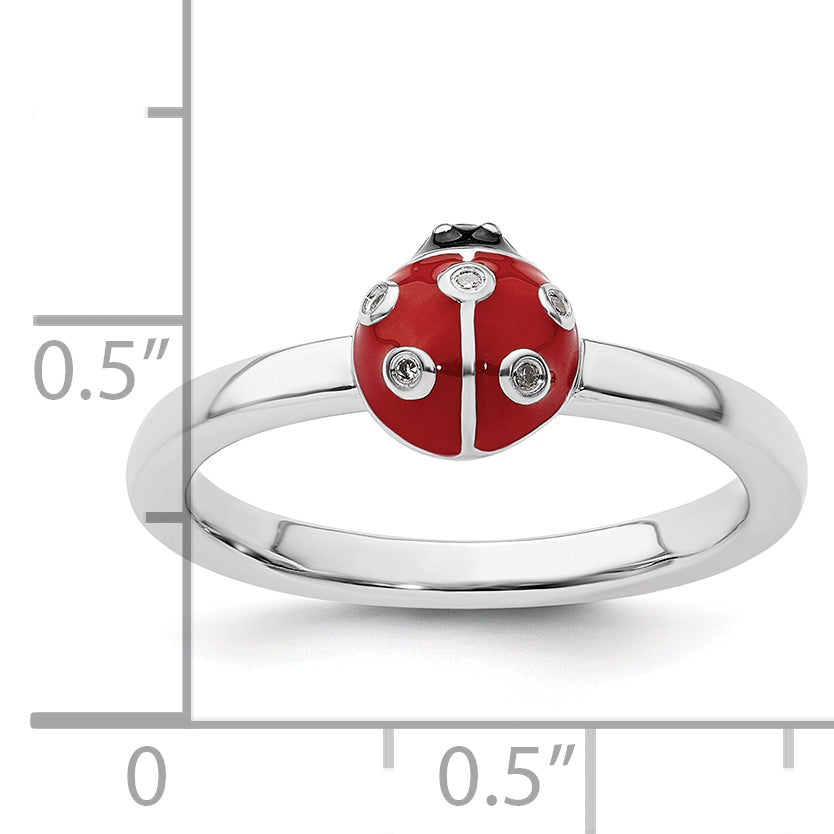 Sterling Silver Stackable Expressions Red /Blk Enamel Ladybug Diamond Rin