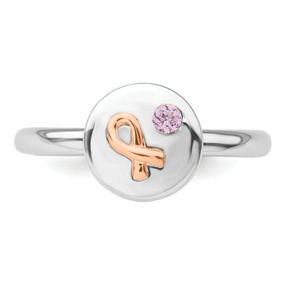 Sterling Silver Stackable Expressions 14K Rose Ribbon Pink Sapphire Ring (Size 6 Only)