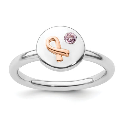 Sterling Silver Stackable Expressions 14K Rose Ribbon Pink Sapphire Ring (Size 6 Only)