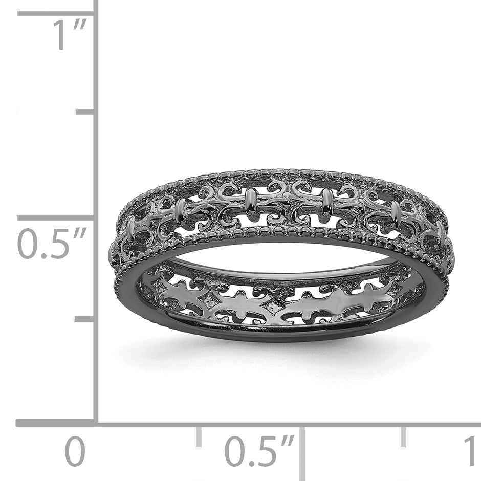 Sterling Silver Stackable Expressions Black Plated Carved Band