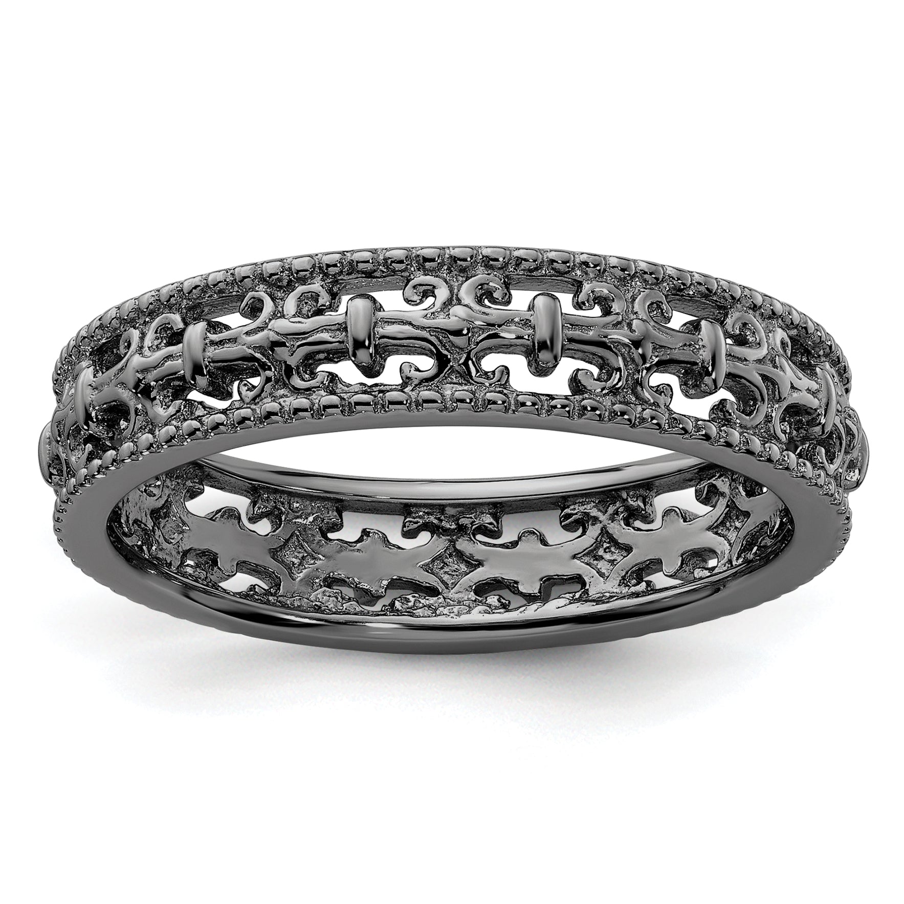 Sterling Silver Stackable Expressions Black Plated Carved Band