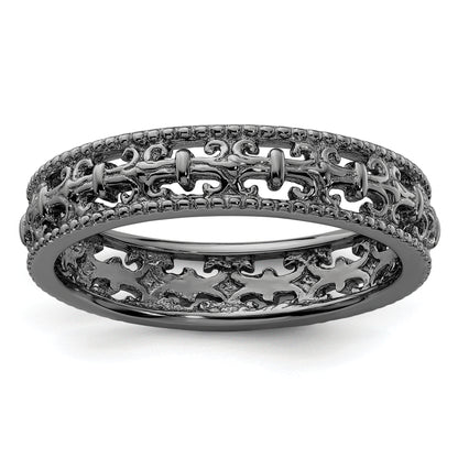 Sterling Silver Stackable Expressions Black Plated Carved Band