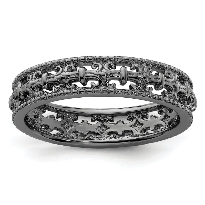 Sterling Silver Stackable Expressions Black Plated Carved Band