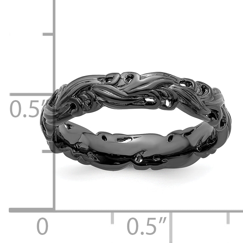 Sterling Silver Stackable Expressions Black Plated Carved Band