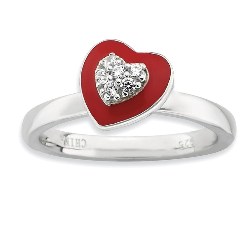 Sterling Silver Stackable Expressions Polished Enameled/Cz Heart Ring (Size 7 Only)