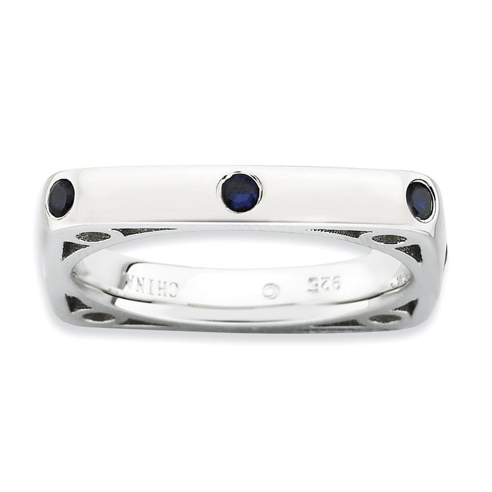 Sterling Silver Stackable Expressions Polished Created Sapphire Square Ring (Size 9 Only)