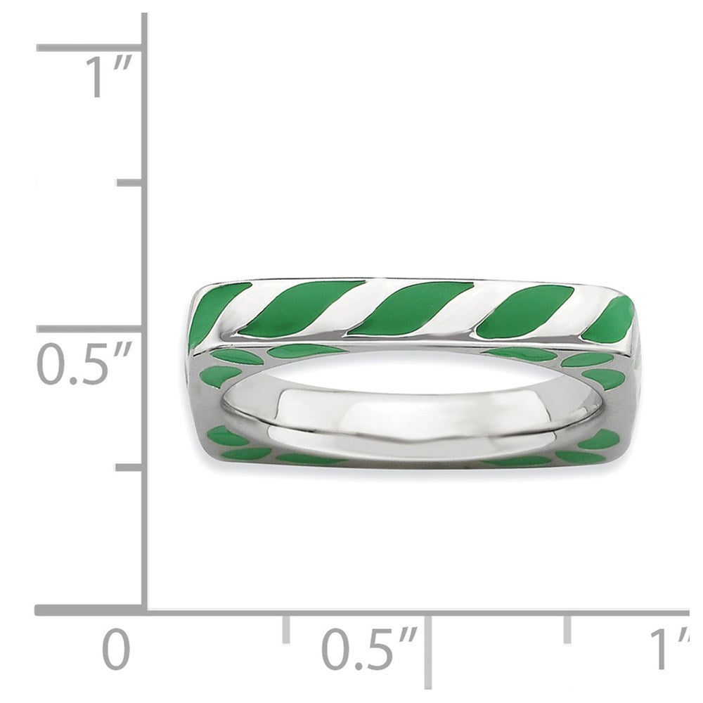 Sterling Silver Stackable Expressions Polished Green Enameled Square Ring