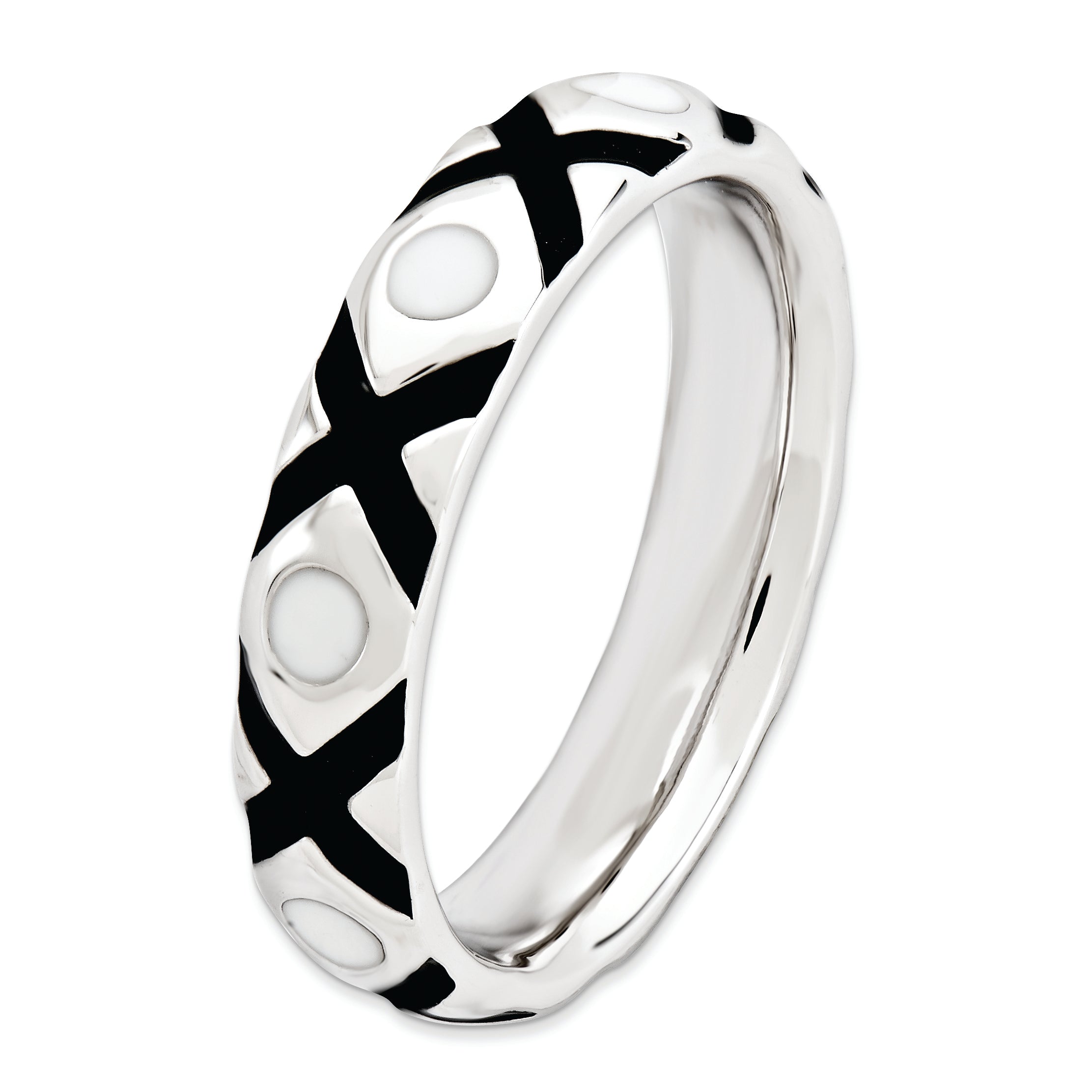 Sterling Silver Stackable Expressions Polished Black/White Enameled Ring (Size 10 Only)