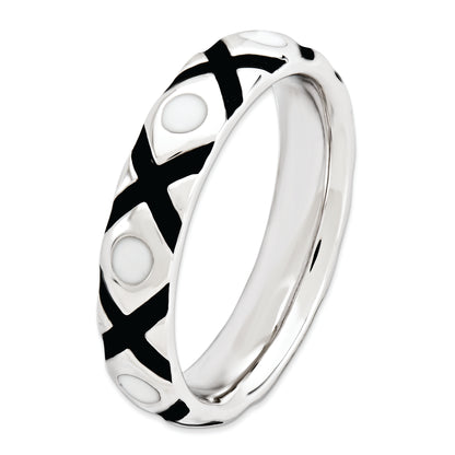 Sterling Silver Stackable Expressions Polished Black/White Enameled Ring (Size 10 Only)