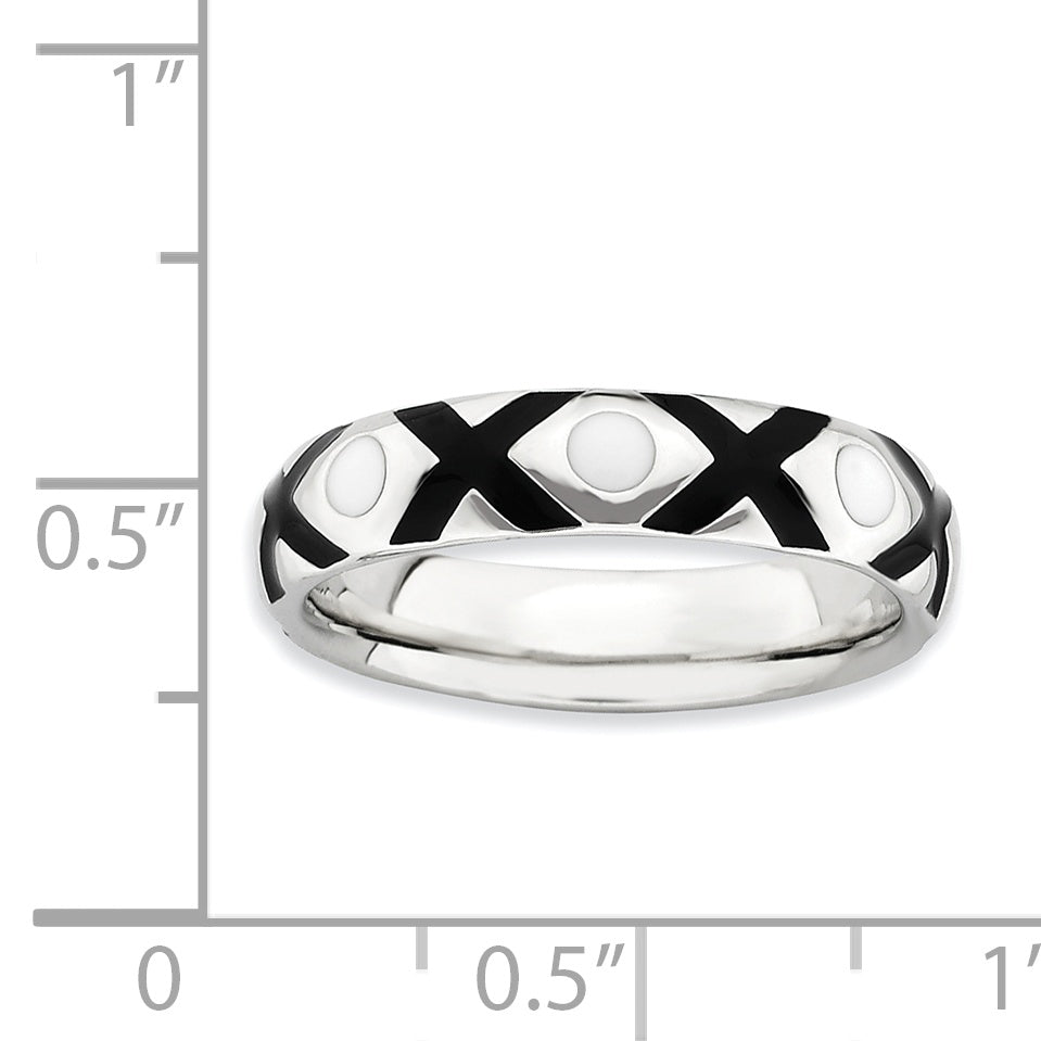 Sterling Silver Stackable Expressions Polished Black/White Enameled Ring (Size 10 Only)