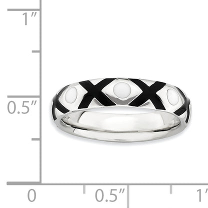 Sterling Silver Stackable Expressions Polished Black/White Enameled Ring (Size 10 Only)