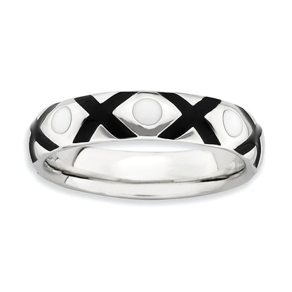 Sterling Silver Stackable Expressions Polished Black/White Enameled Ring (Size 10 Only)
