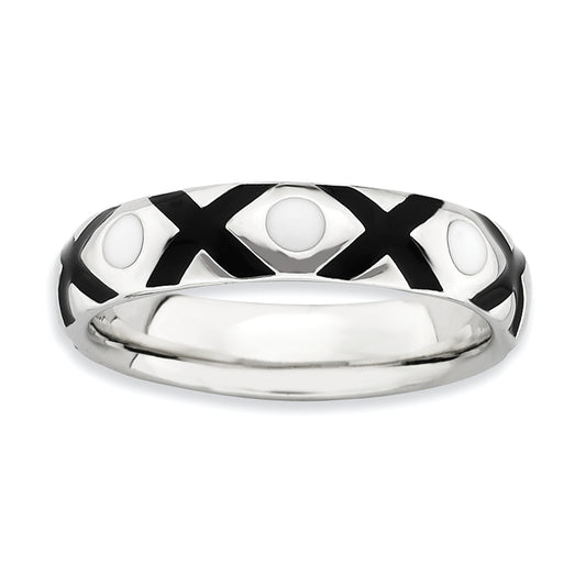 Sterling Silver Stackable Expressions Polished Black/White Enameled Ring (Size 10 Only)