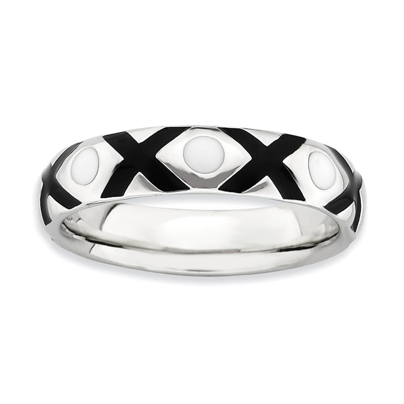 Sterling Silver Stackable Expressions Polished Black/White Enameled Ring (Size 10 Only)
