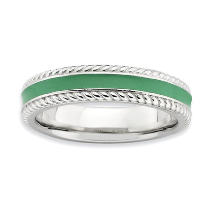 Sterling Silver Stackable Expressions Polished Green Enameled Ring (Size 5 Only)