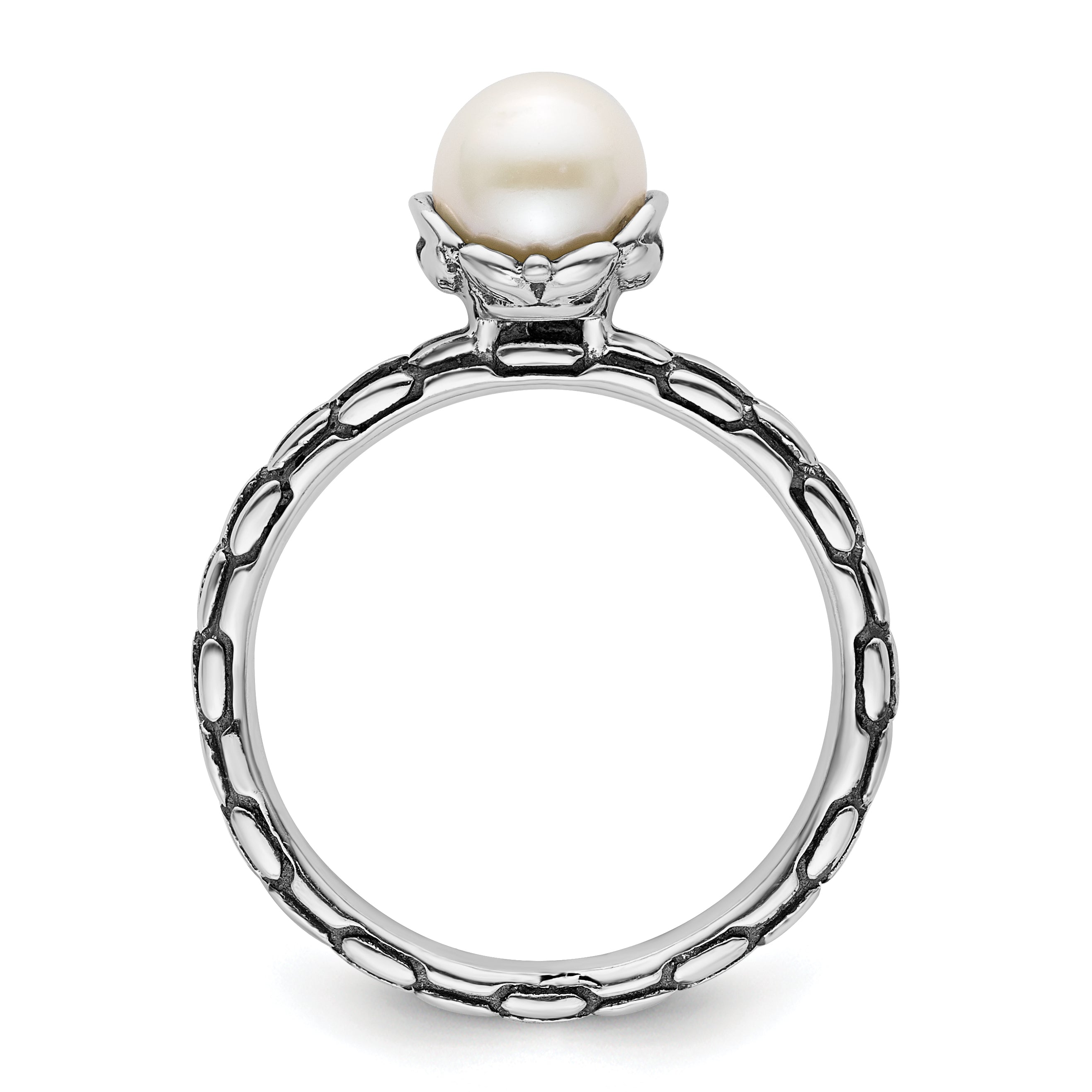 Sterling Silver Stack Exp. Polished Patterned White Fw Cultured Pearl Ring