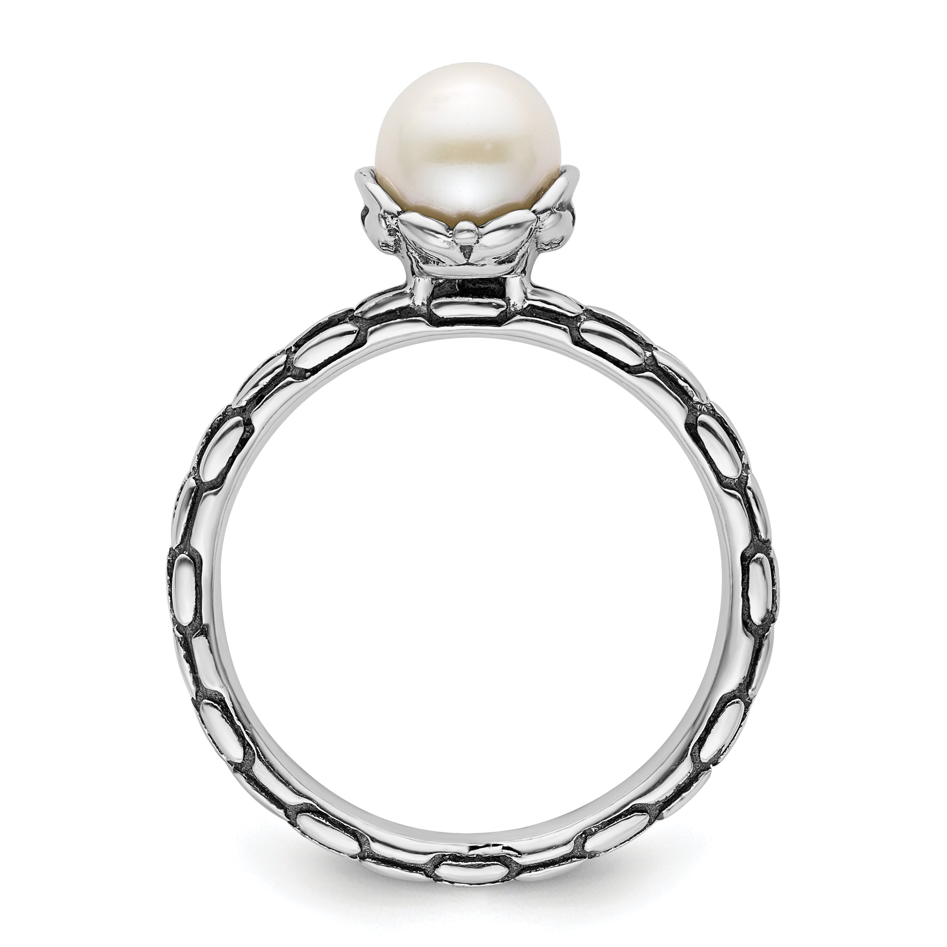 Sterling Silver Stack Exp. Polished Patterned White Fw Cultured Pearl Ring