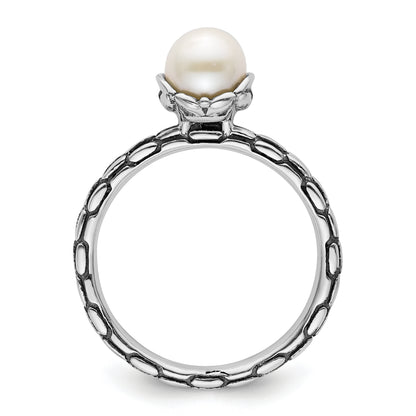 Sterling Silver Stack Exp. Polished Patterned White Fw Cultured Pearl Ring